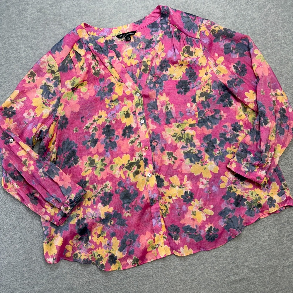 Zac‎ & Rachel Shirt Womens 3X Plus Magenta Pink Floral Rayon Blouse Top Roll Tab